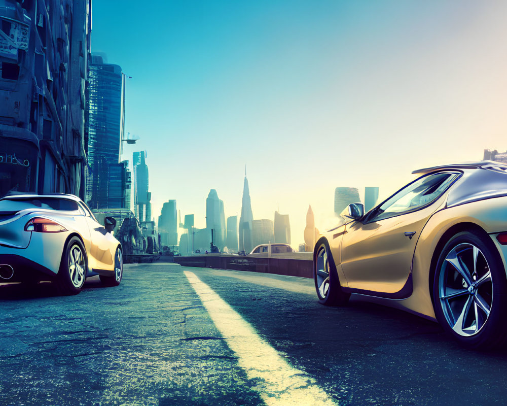 Futuristic cityscape with sleek cars, skyscrapers, and clear blue sky