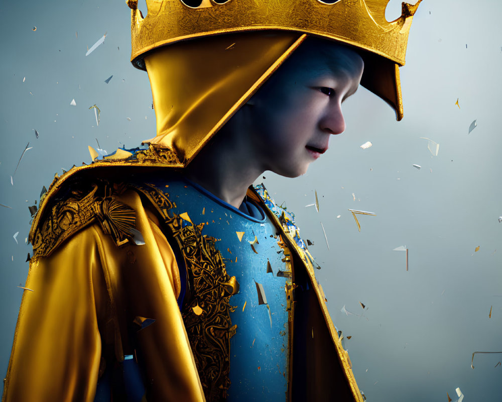 Regal young person in golden crown and blue robe with gold patterns, surrounded by golden particles on grey