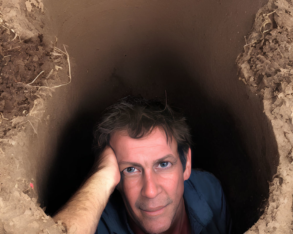 Man peeking from deep circular dirt hole with intrigued expression