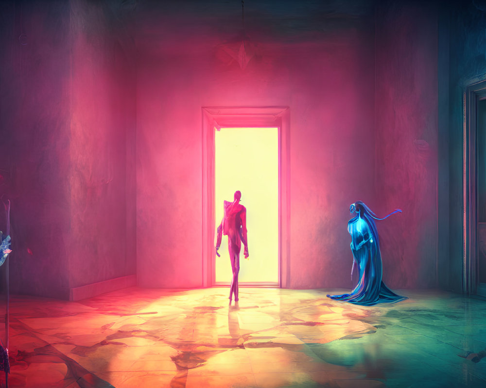 Vibrantly colored room with pink and blue hues and ghostly figures beside a person