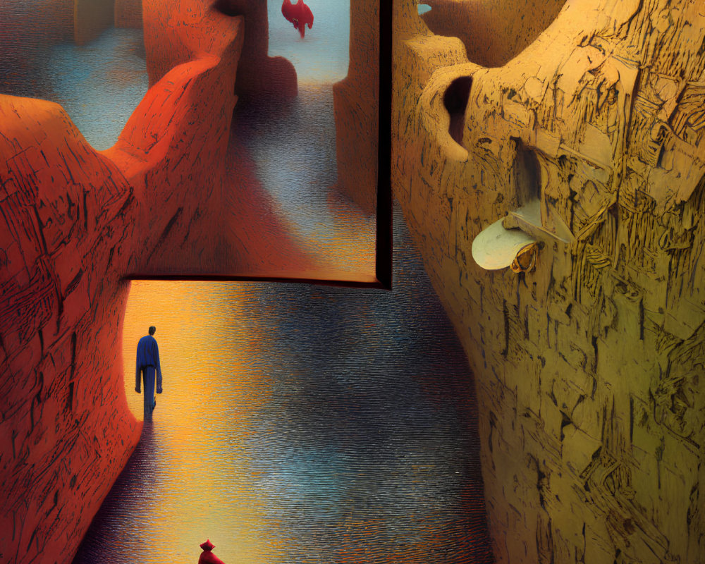 Surreal art with multiple figures in maze environment and red balloon