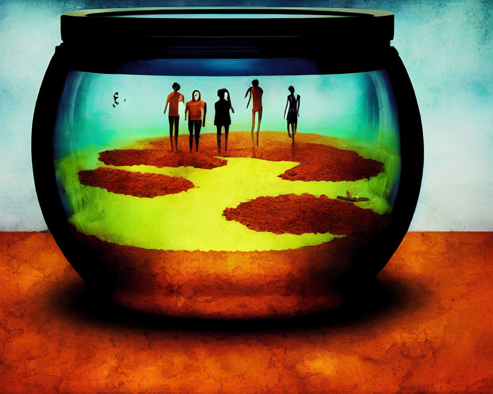 Four Silhouetted Figures in Colorful Fishbowl Scene