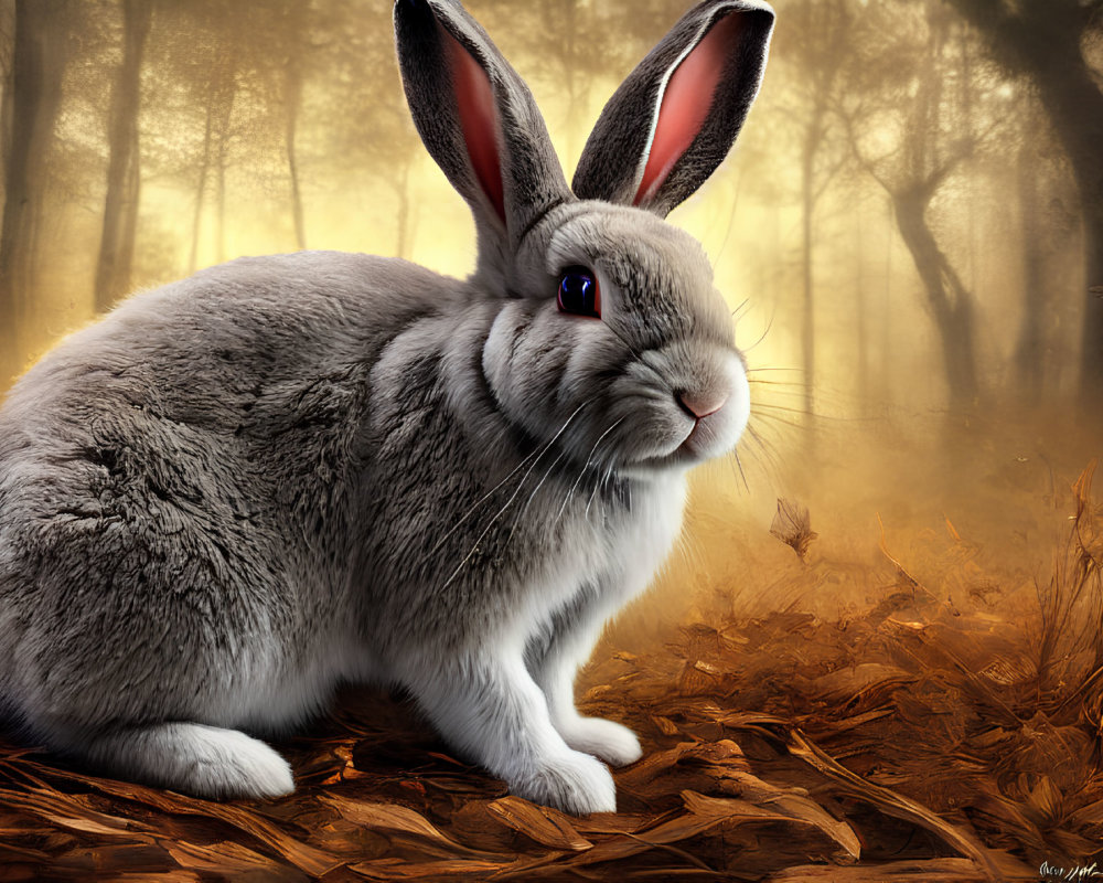 Realistic grey rabbit in mystical forest with golden light