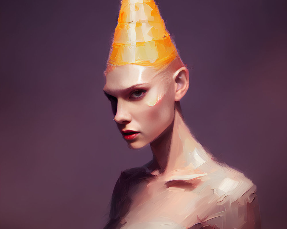 Digital portrait of person in yellow and white cone headpiece