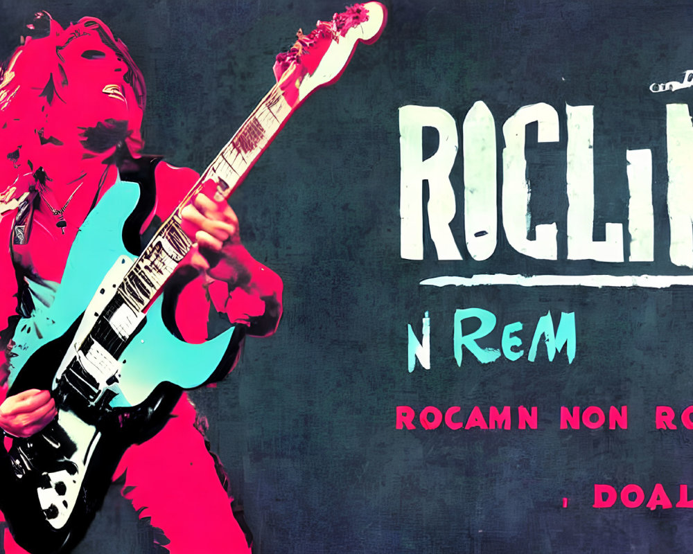 Colorful Guitarist Illustration with "ROCK'N REM" Text on Textured Background