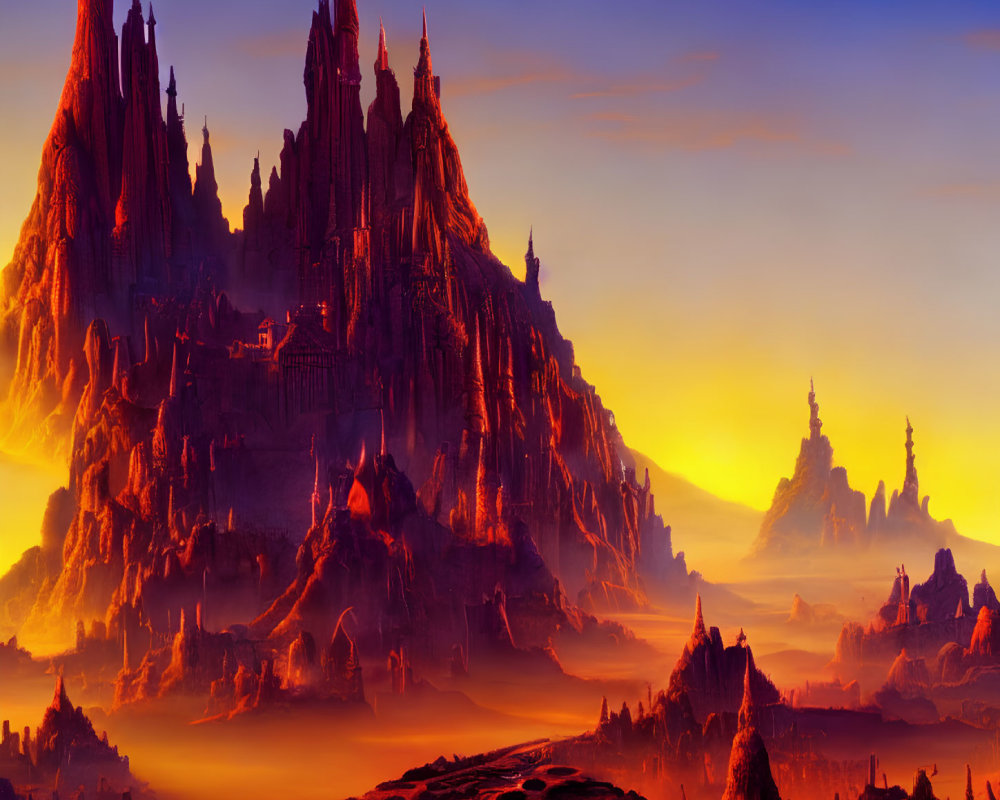 Fantastical Landscape with Towering Spires and Rock Formations