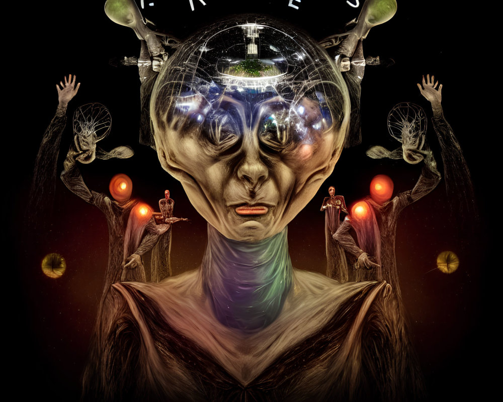 Surreal digital artwork: Alien figure with multiple arms holding symbols, transparent globe-head with cosmic scene