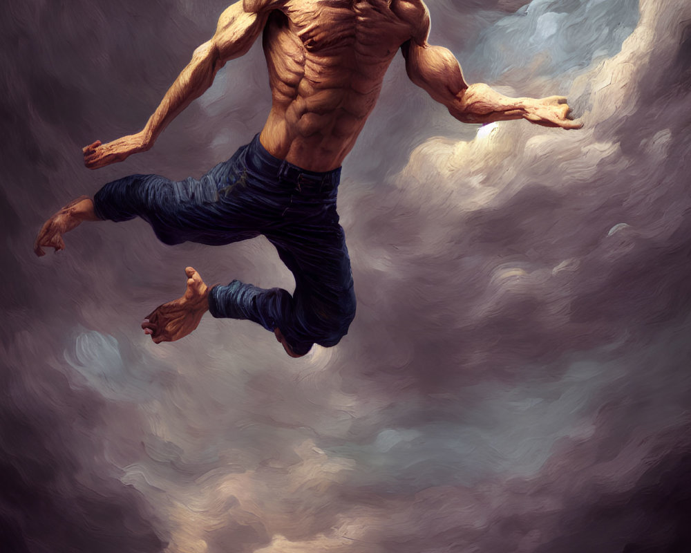 Muscular Shirtless Man Soaring in Dramatic Cloud-Filled Scene