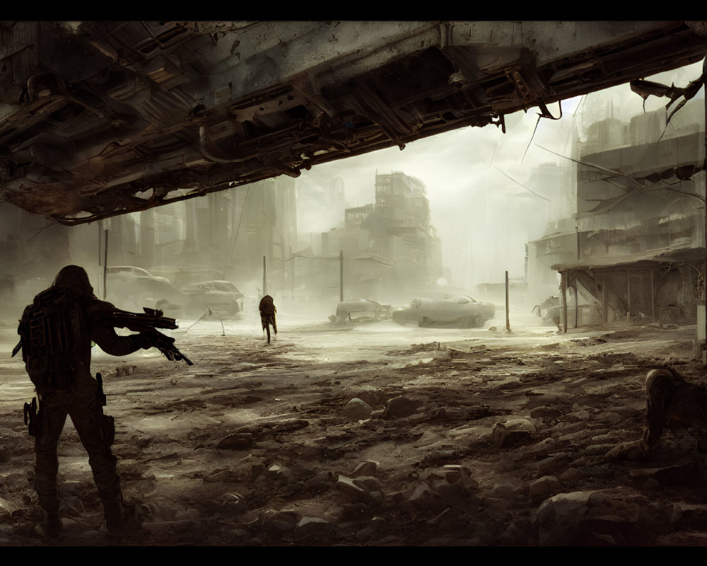 Person with weapon in dystopian setting with derelict buildings and hovering spaceship