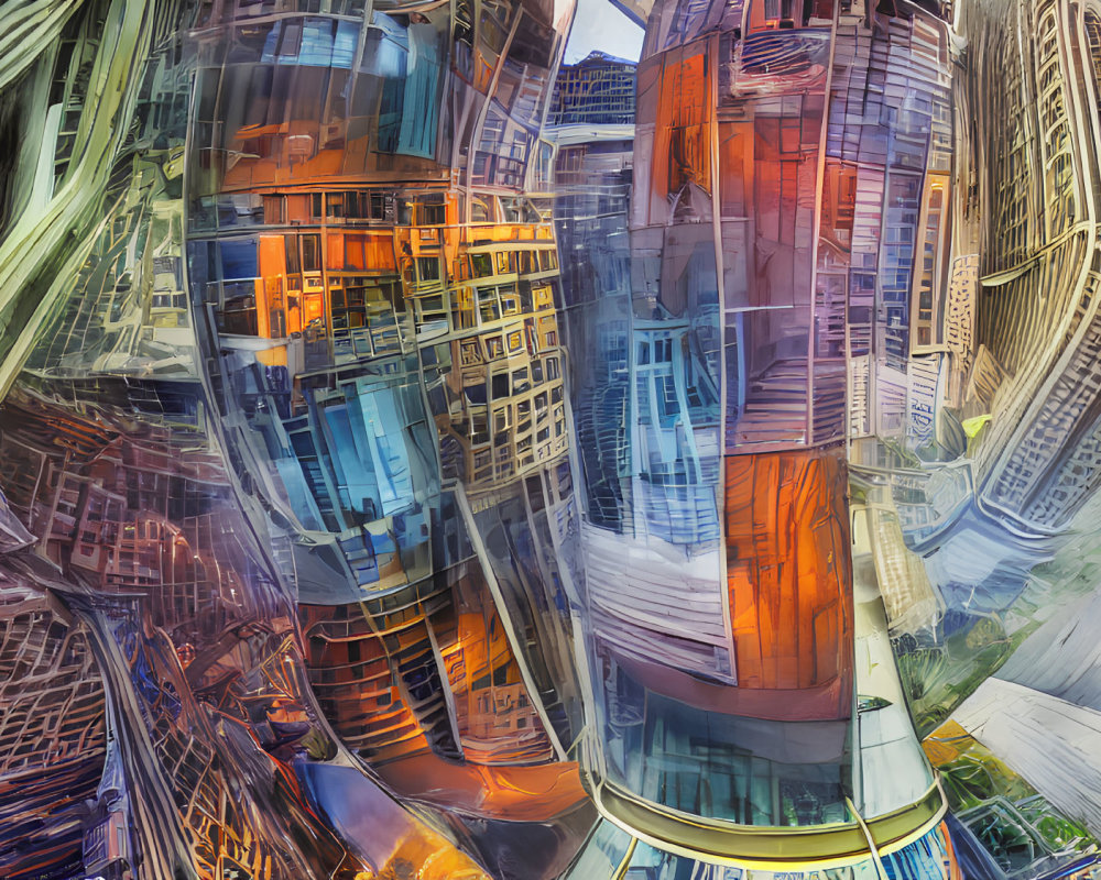 Colorful surrealistic image of distorted skyscrapers with kaleidoscope reflections