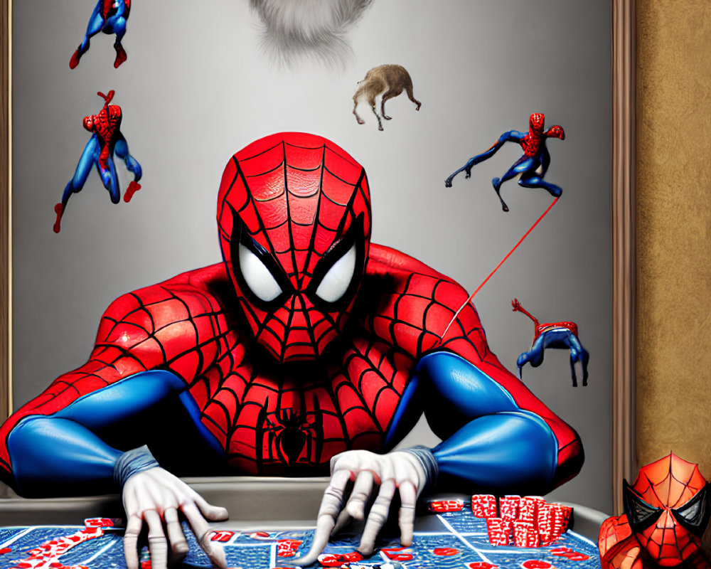 Spider-Man themed artwork with multiple characters playing cards and a hanging gibbon