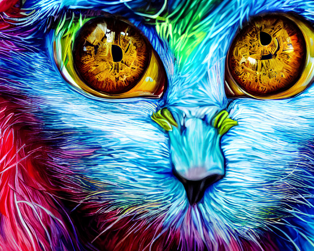 Colorful digital artwork featuring cat's face with detailed yellow eyes and vibrant blue, red, and purple