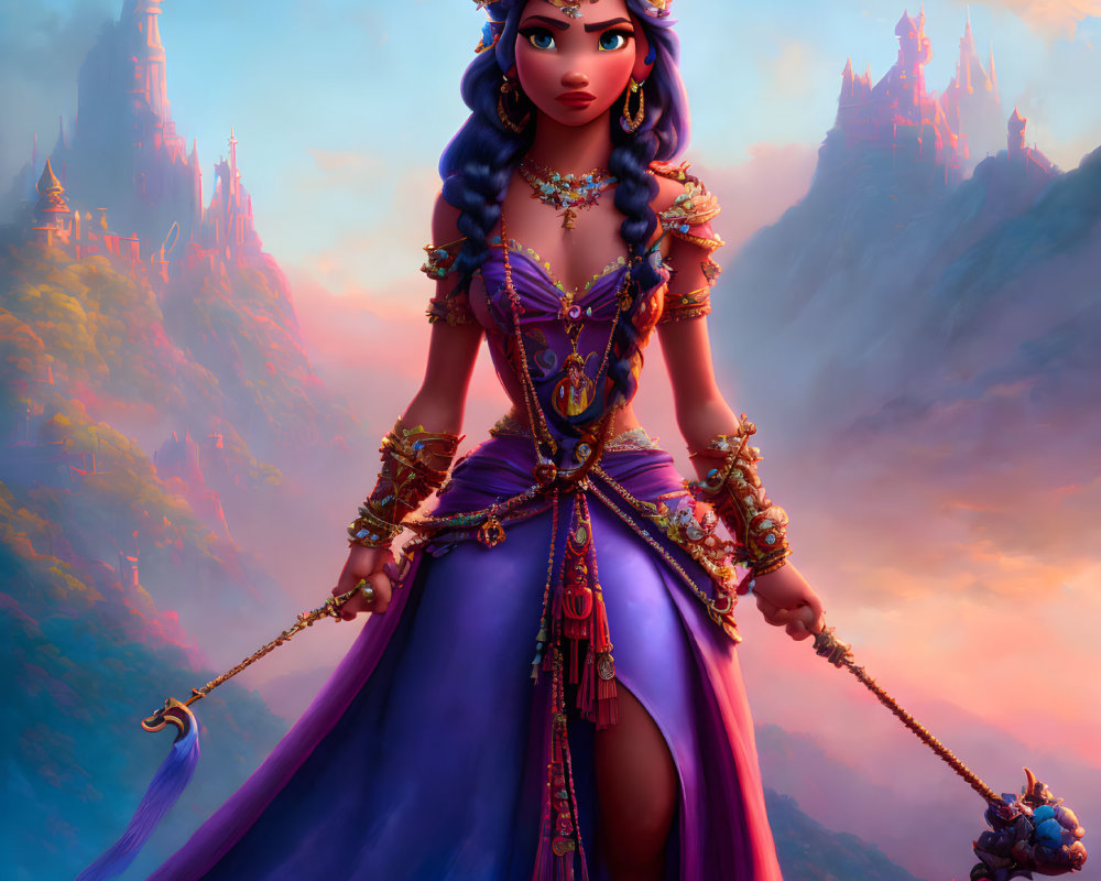 Regal animated character in purple and gold attire with scepter at dusk