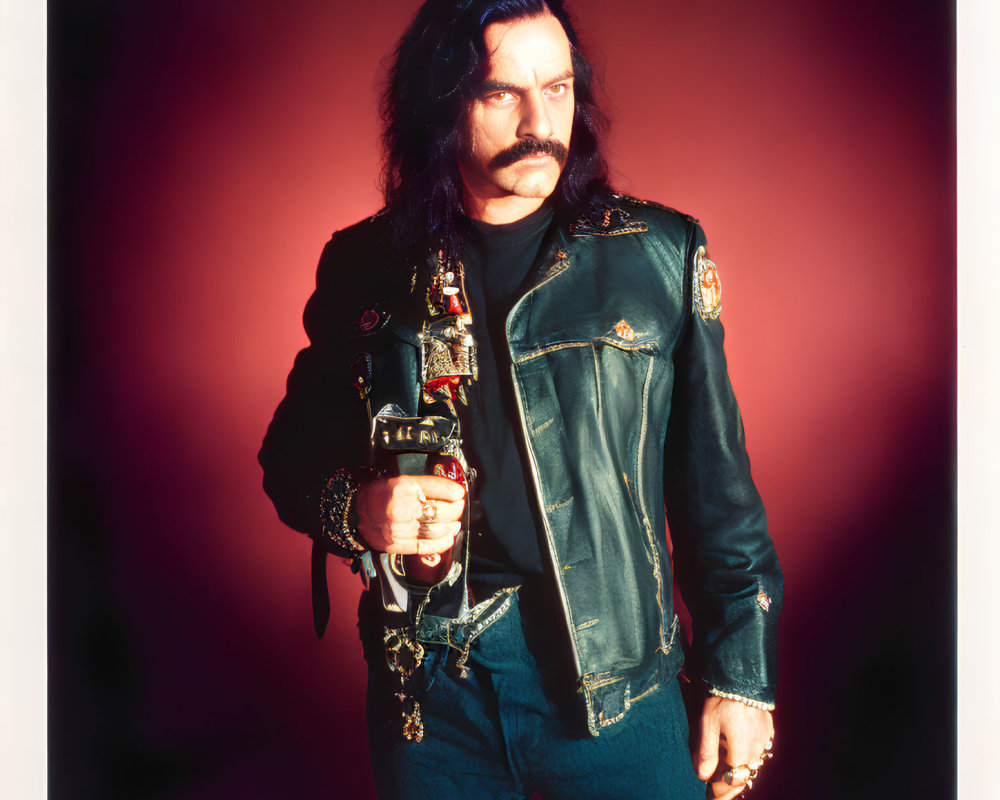 Confident man with dark mustache and long hair holding a bottle in studded leather jacket