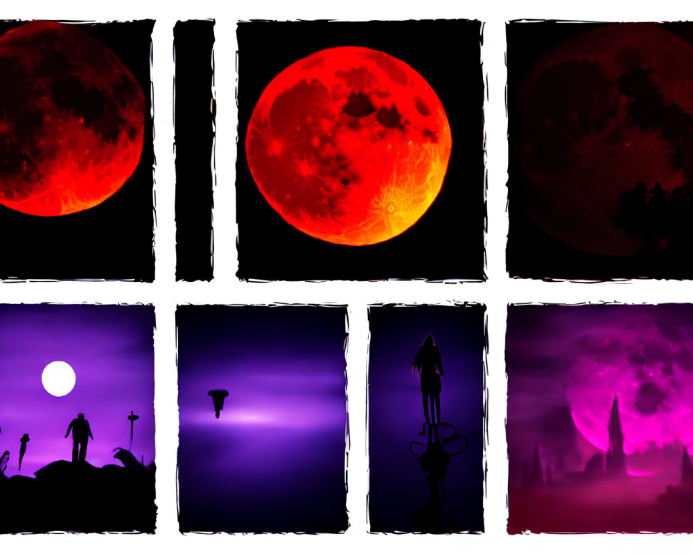 Six Panels of Silhouettes under Red and Purple Skies with Moons