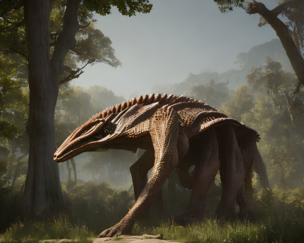 Realistic depiction of large spiny-backed dinosaur in forest clearing