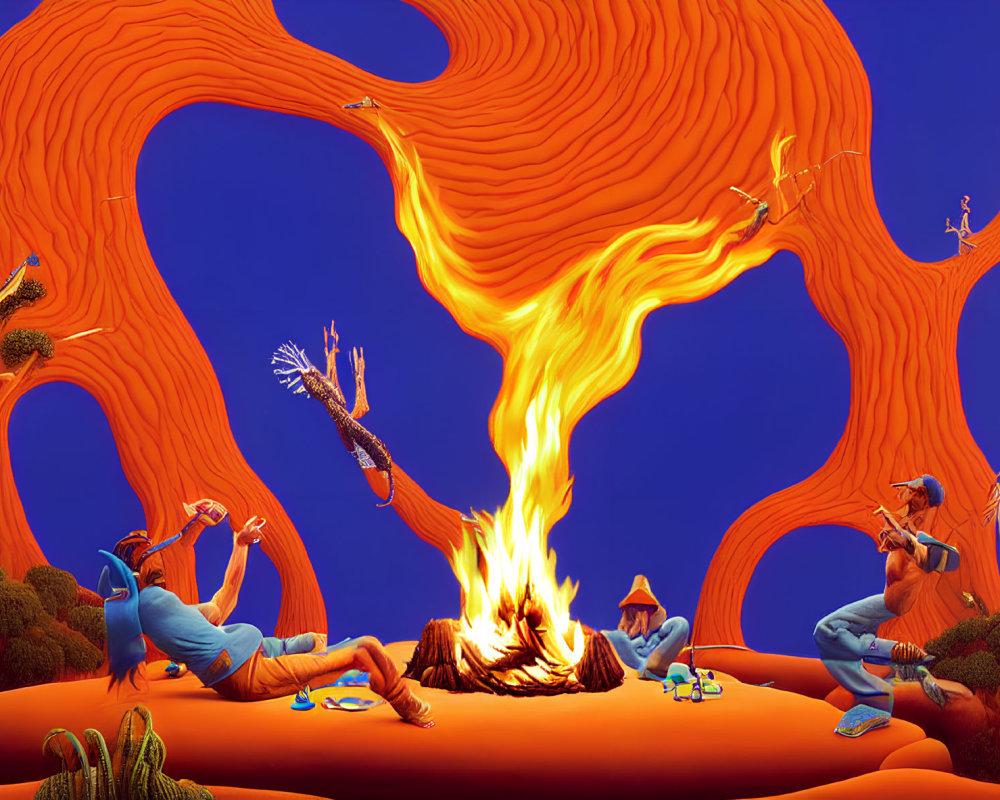 Surreal landscape with twisted orange trees and blue characters around bonfire