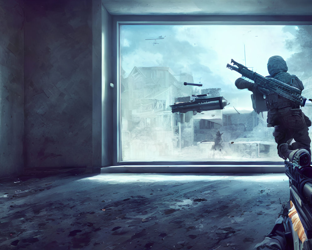 Soldier with Rifle Observing Urban Warzone from Window