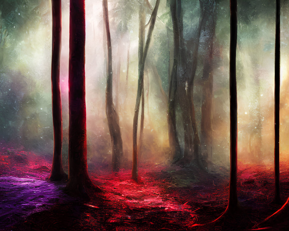 Vibrant enchanted forest scene with colorful light filtering through mist