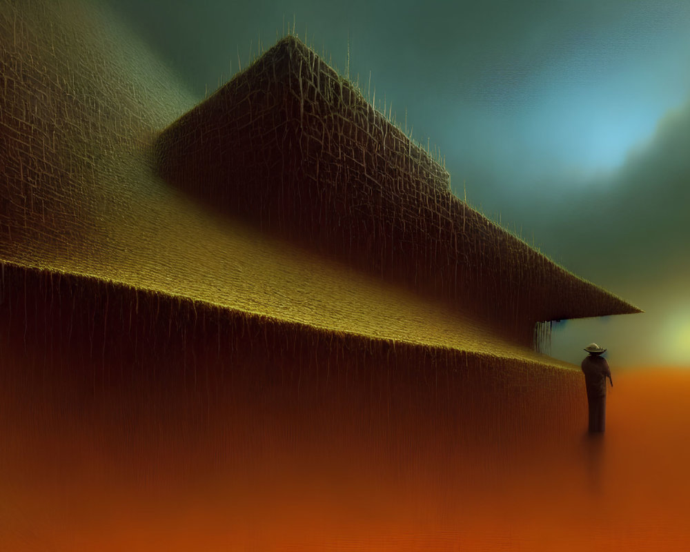 Figure in hat stands before textured pyramid in misty backdrop