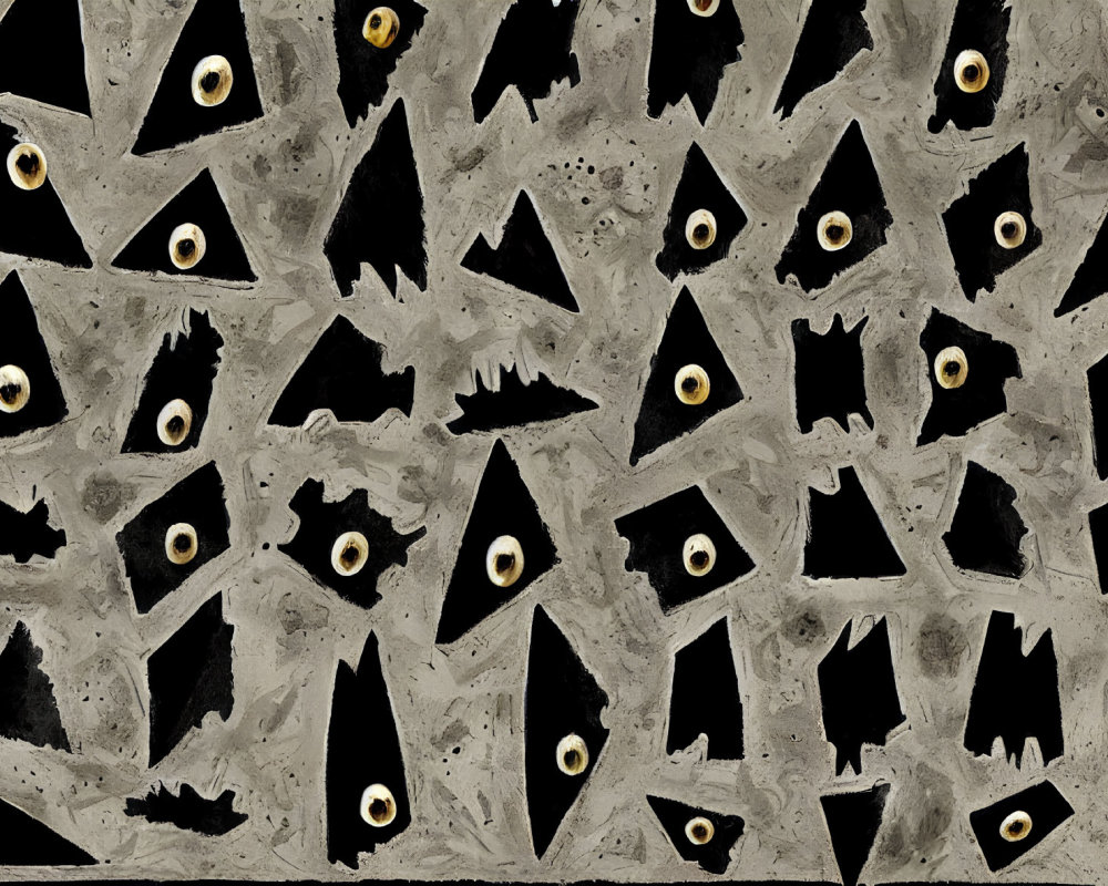 Abstract Black Shapes with Stylized Eyes on Grey Background