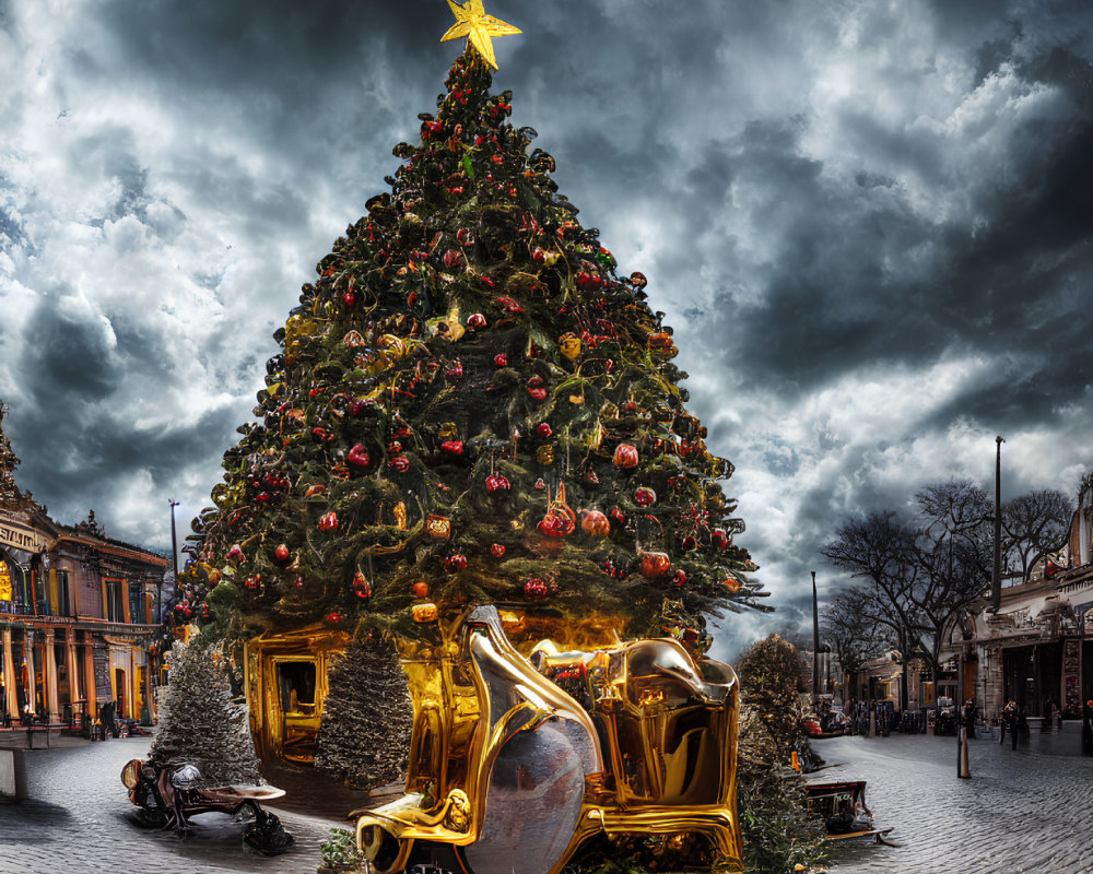 Ornate Christmas tree with golden star, oversized ornaments, and presents under dramatic sky