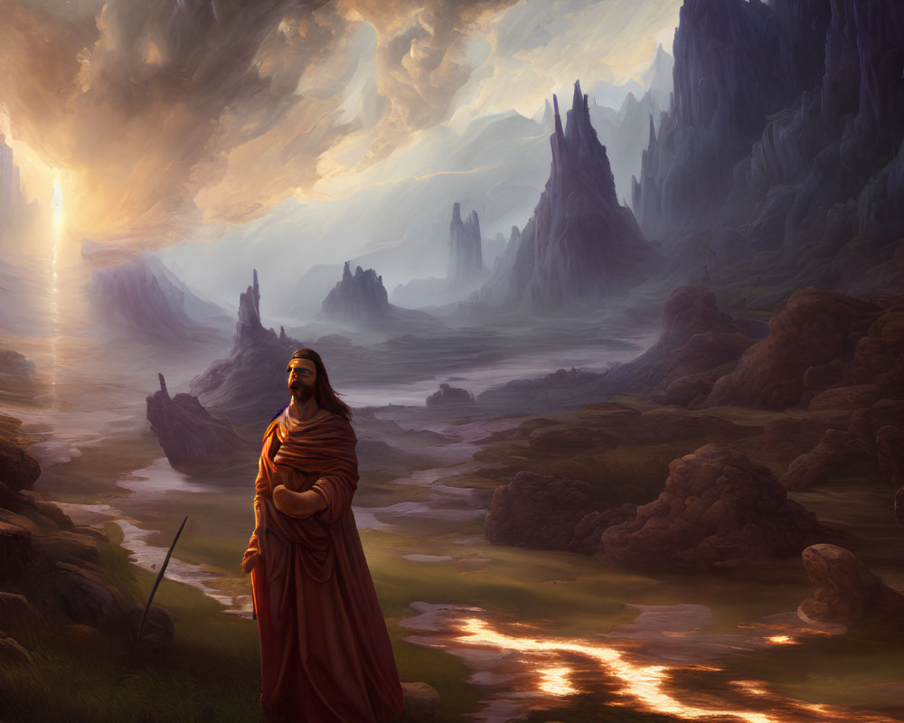 Fantastical landscape with robed figure, rock formations, molten river