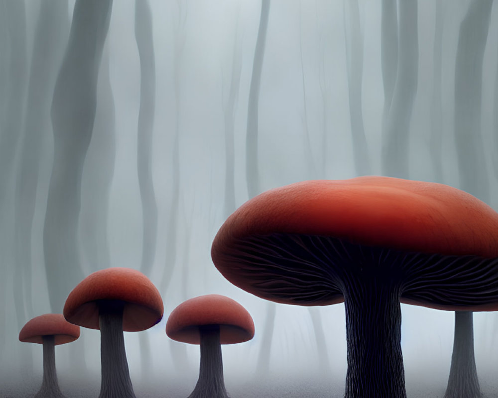 Mystical forest scene with red-capped mushrooms and misty trees