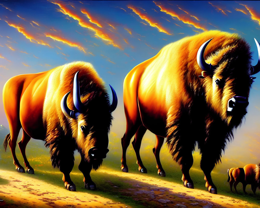 Colorful Illustration: Three Bison Walking under Fiery Sky