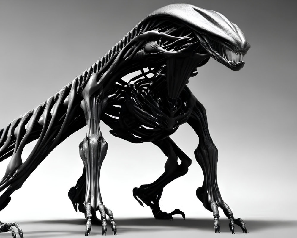 Detailed 3D rendering of biomechanical creature with skeletal structure and muscular detail.