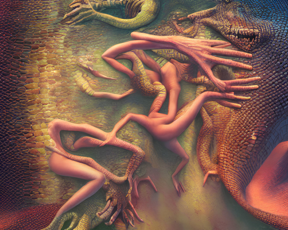 Vibrant surreal artwork: Human limbs entwined with reptilian textures