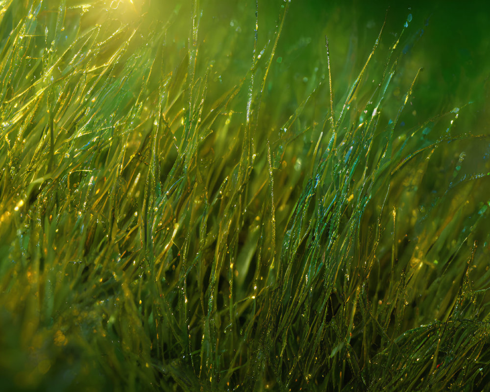 Fresh Morning Dew on Vibrant Green Grass with Sunlight Sparkle