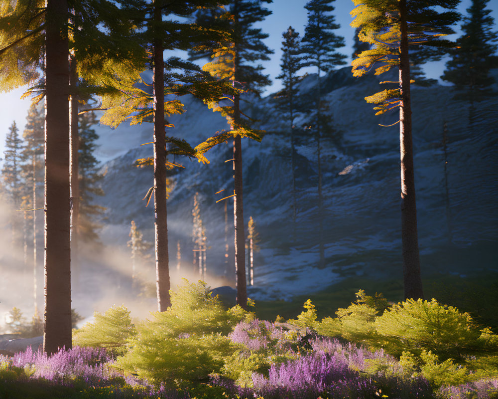 Sunlit Pine Forest with Purple Wildflowers and Misty Mountain Scene