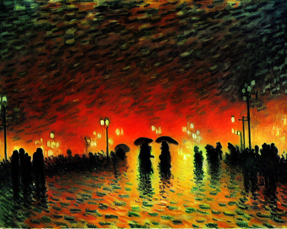 Vibrant Impressionist Painting of Evening Scene with Silhouetted Figures