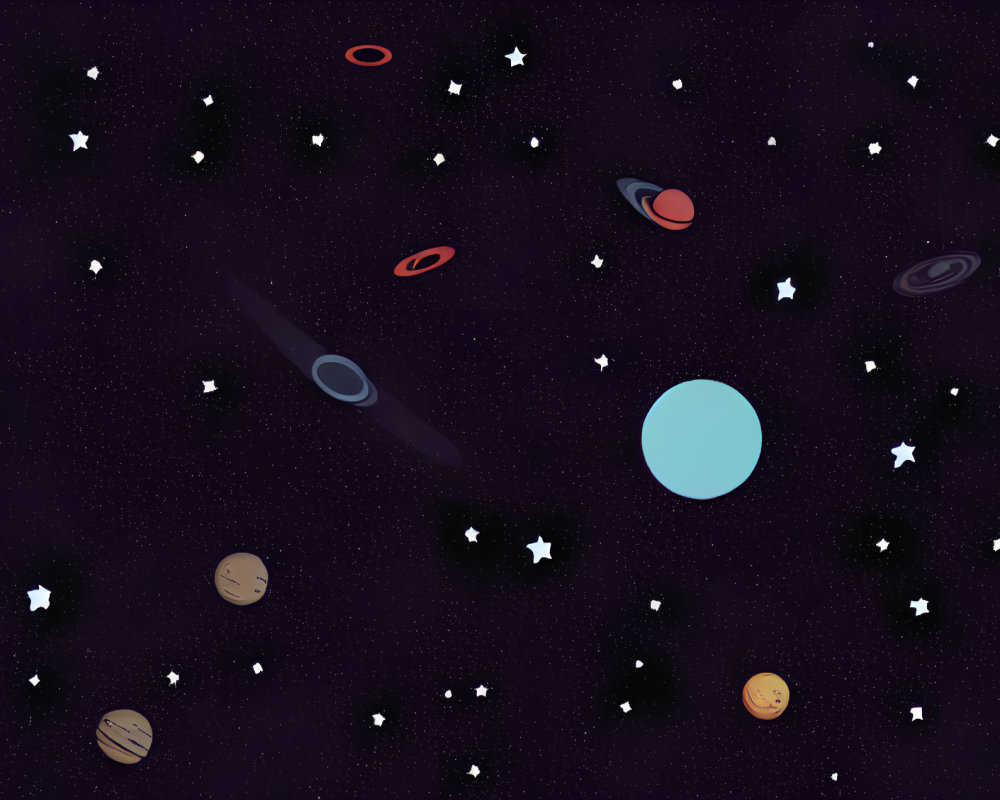 Stylized outer space illustration with planets, stars, galaxies