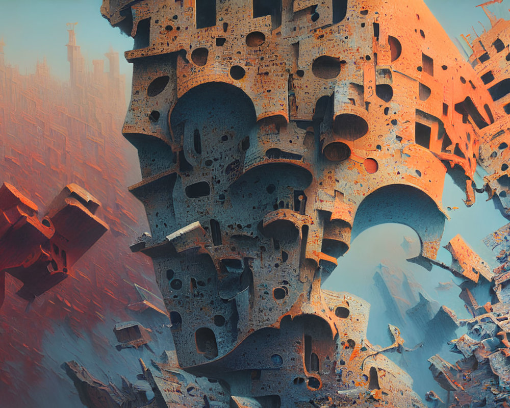 Surreal futuristic landscape with floating honeycomb structures