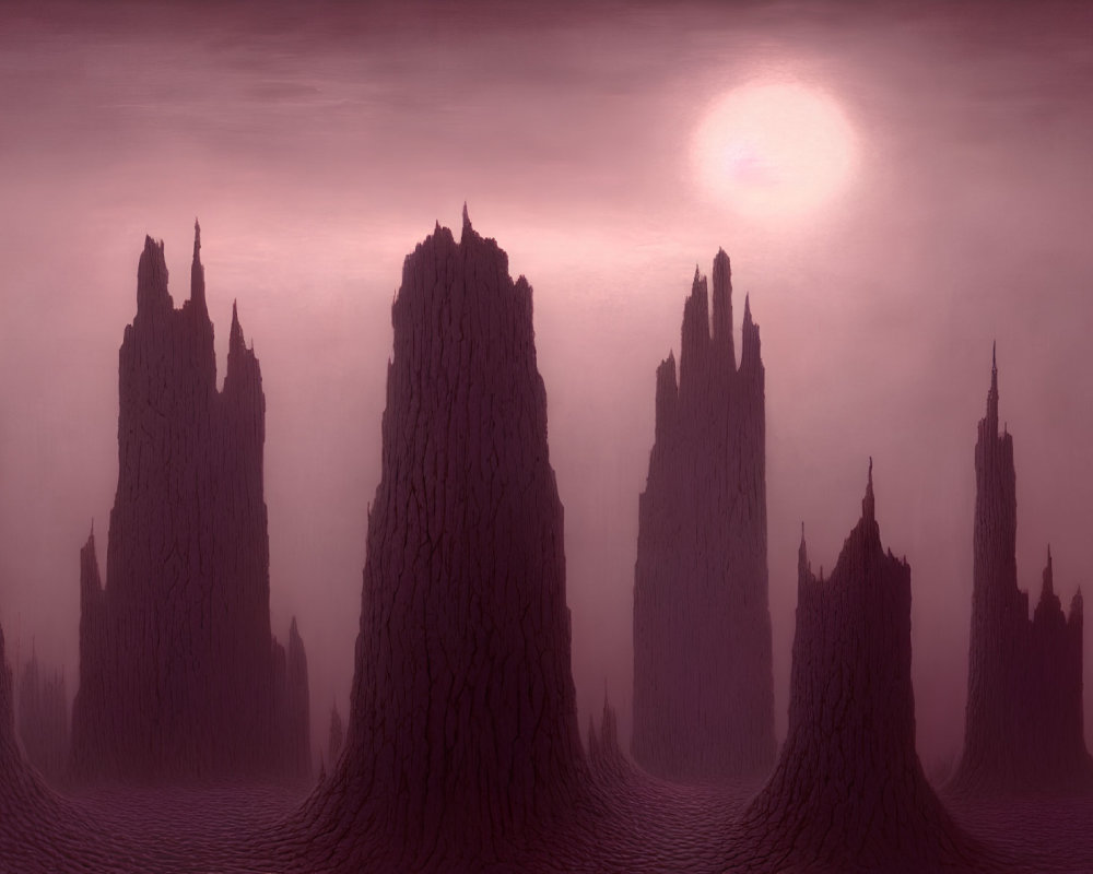 Mystical landscape with tall spire-like rock formations under pinkish sky