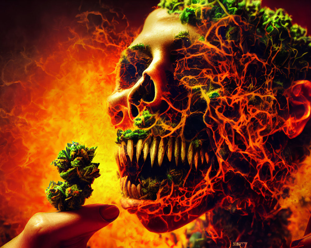 Fiery skull with green moss-like textures and hand holding green substance on intense orange-red backdrop