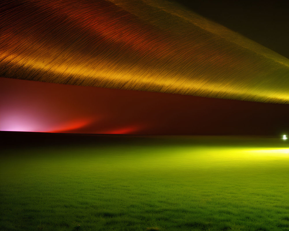 Vibrant night scene with green field under dramatic red and yellow lights