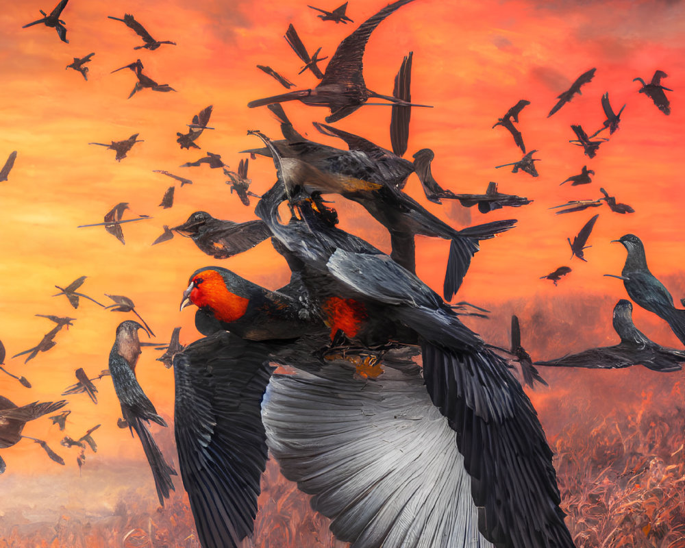 Colorful bird scene with soaring and perched birds in fiery sky