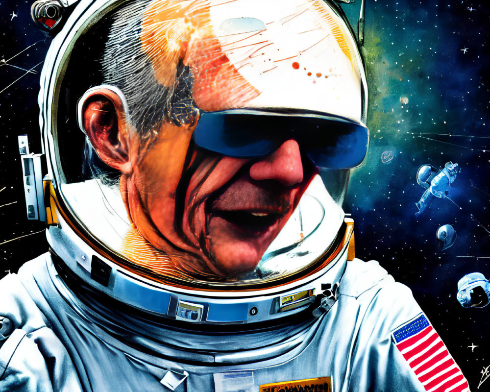 Vibrant astronaut illustration with space reflection and starry backdrop