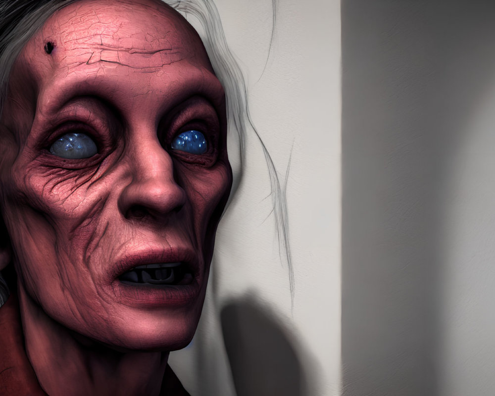 Detailed 3D-rendered portrait of elderly person with wrinkles and blue eyes