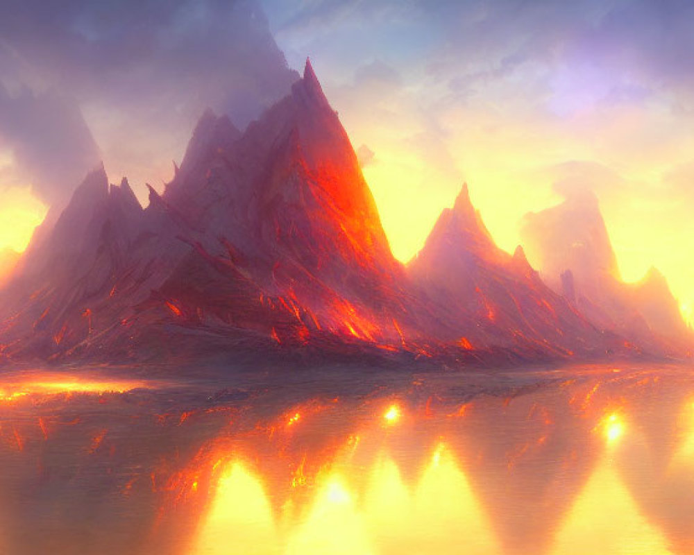 Panoramic fantasy landscape: glowing lava rivers, jagged mountain peaks, dramatic sunset sky