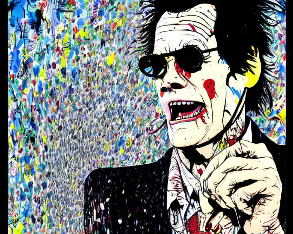 Colorful Psychedelic Man in Dark Clothing and Sunglasses Illustration