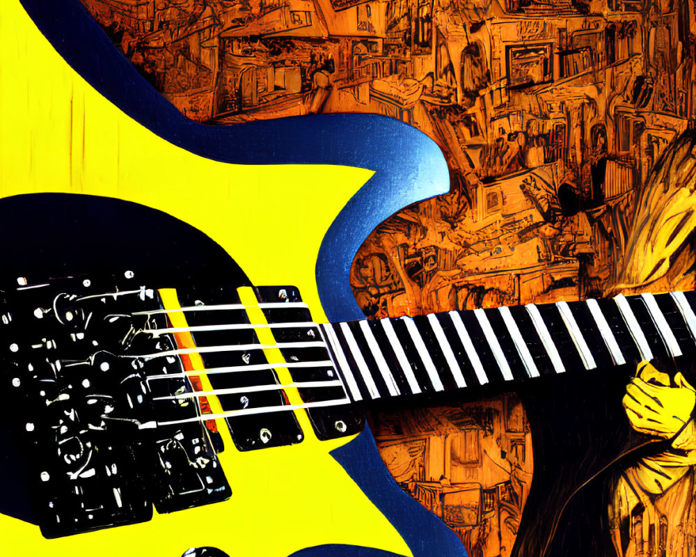 Colorful Abstract Illustration: Yellow & Blue Electric Guitar Amid Urban Chaos