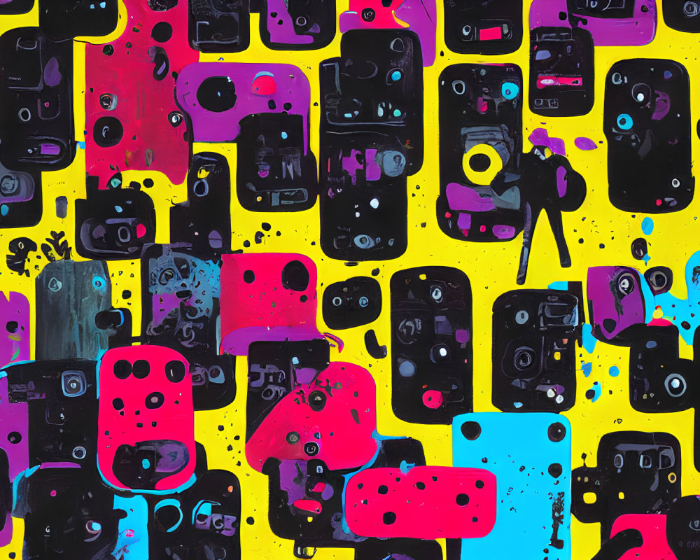 Colorful Abstract Painting with Black Face-like Shapes on Yellow and Pink Background