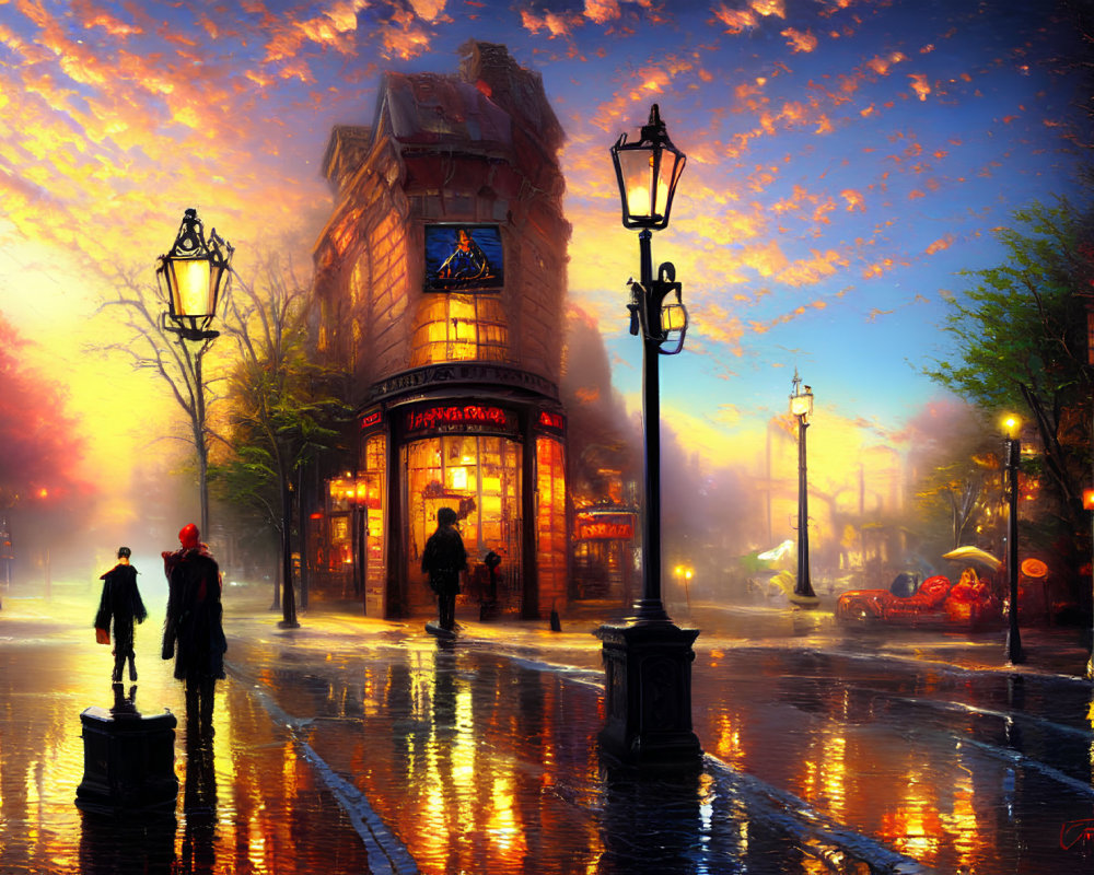 Vibrant street scene at dusk with illuminated street lamps and wet cobblestones