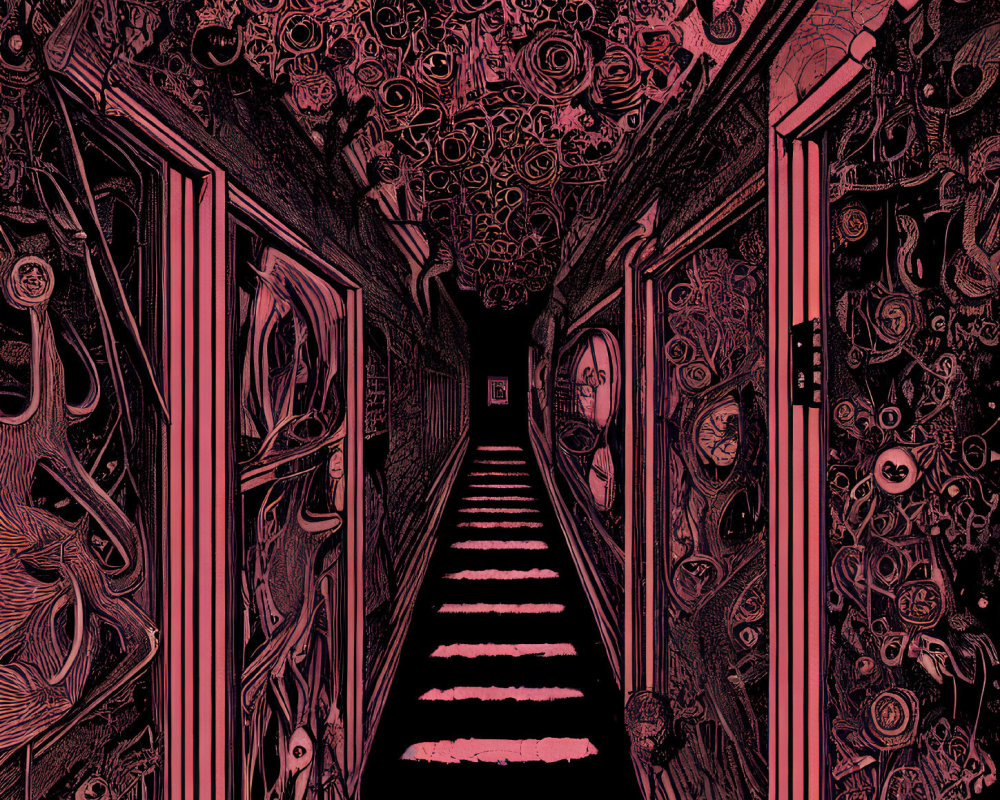 Intricate patterns and symbols in surreal dark hallway