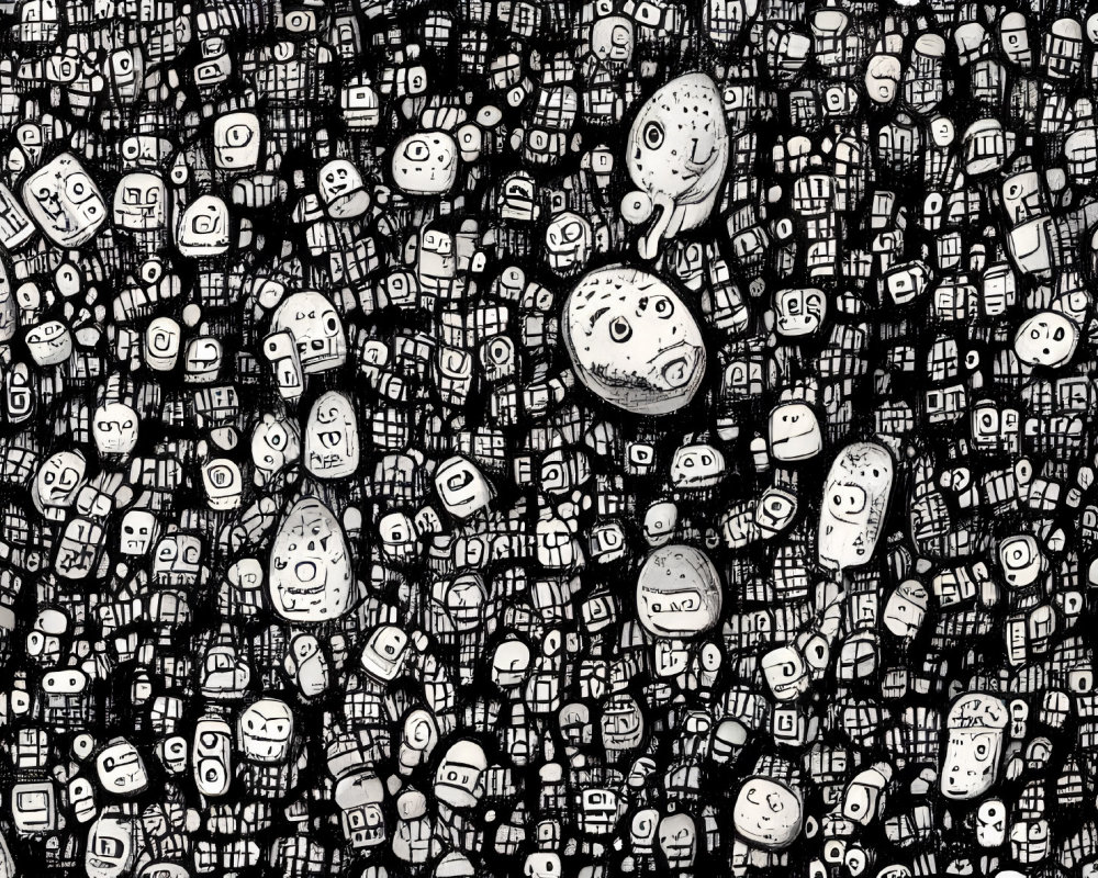 Monochrome illustration of dense, varied faces in tight formation