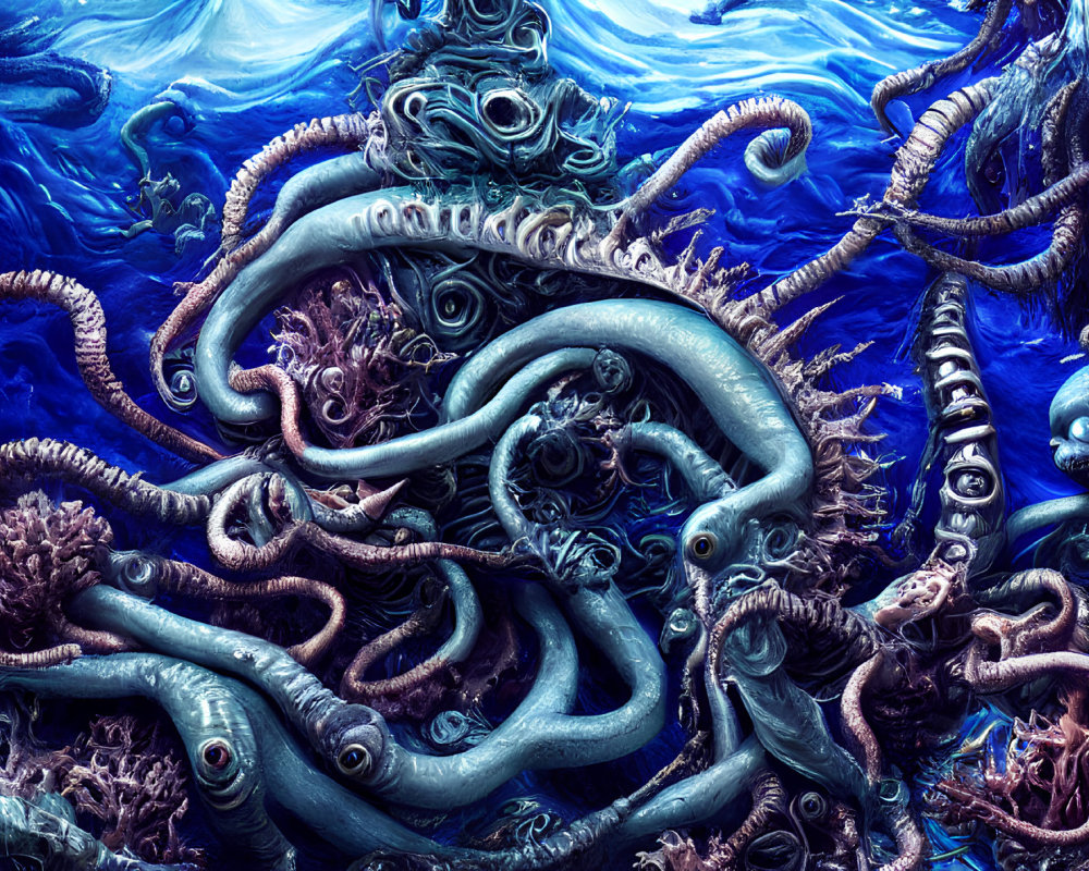 Vivid underwater scene with intertwining octopus tentacles